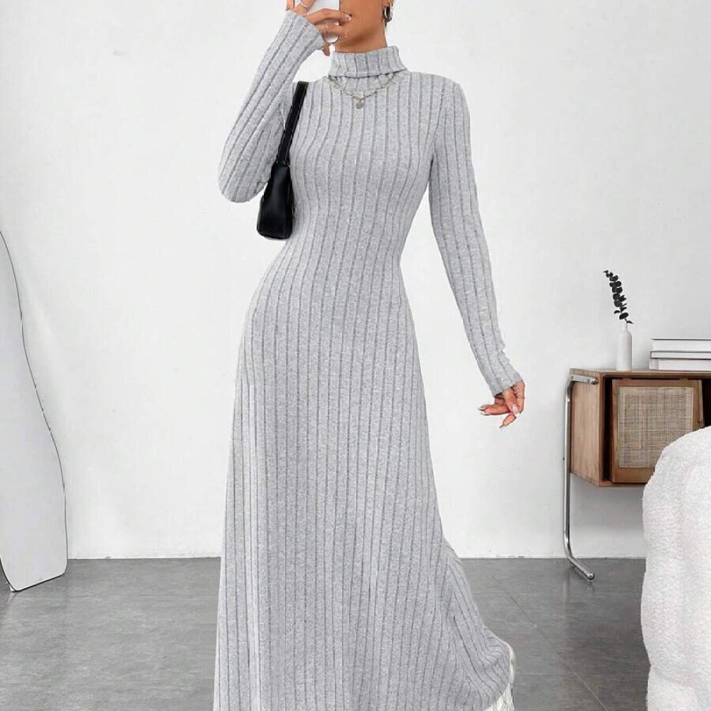 Bodycon Long Sleeve Ribbed Dress - Robe élégante d'automne à col haut