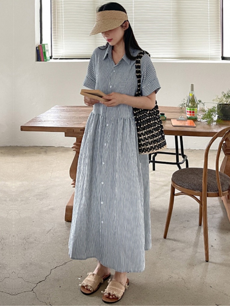Casual Loose Linen Shirt Dress - Robe chemise rayée ample style coréen
