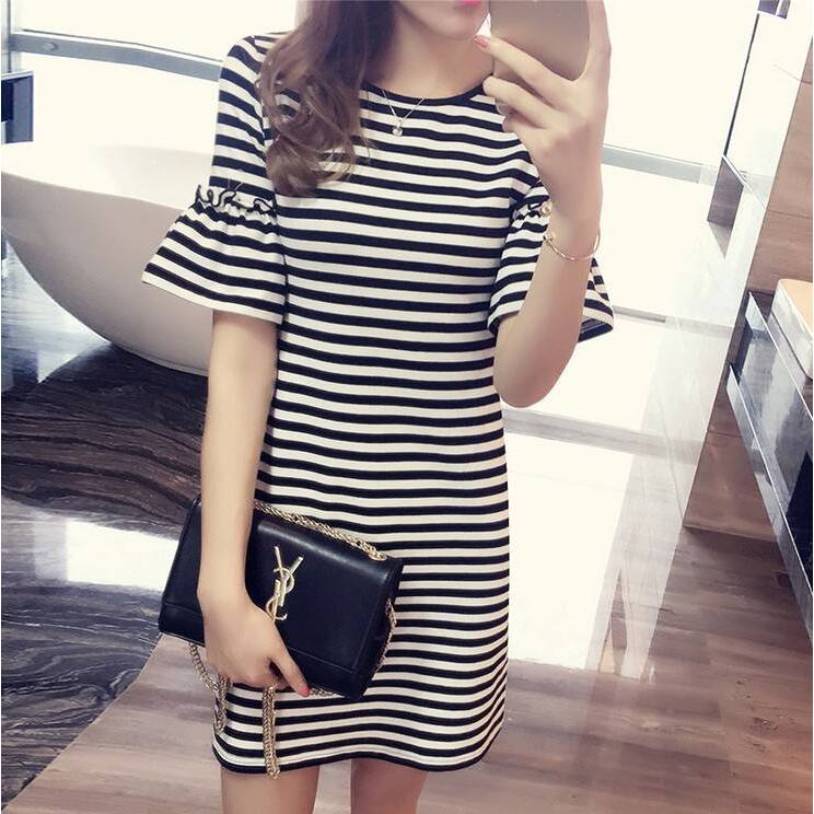 Korean Style A Line Shirt Dress - Robe d'été rayée pour femme, longueur