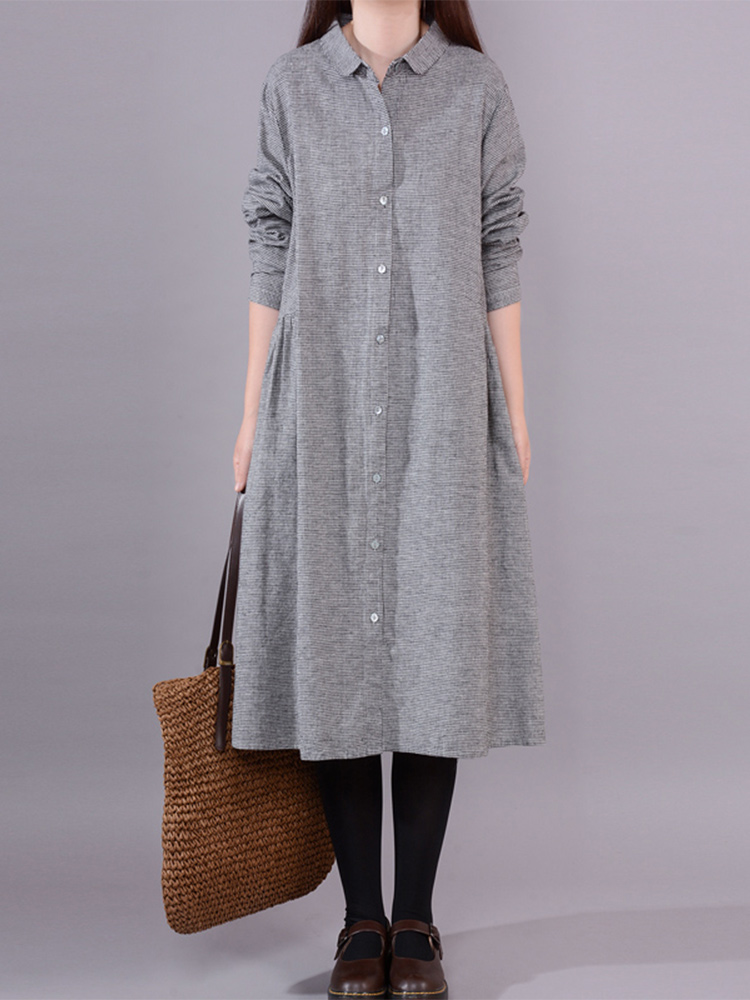 Korean Style A Line Shirt Dress - Robe chemise à carreaux en coton