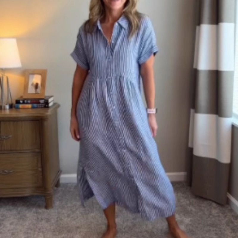 Casual Loose Linen Shirt Dress - Robe chemise rayée pour femmes, été,