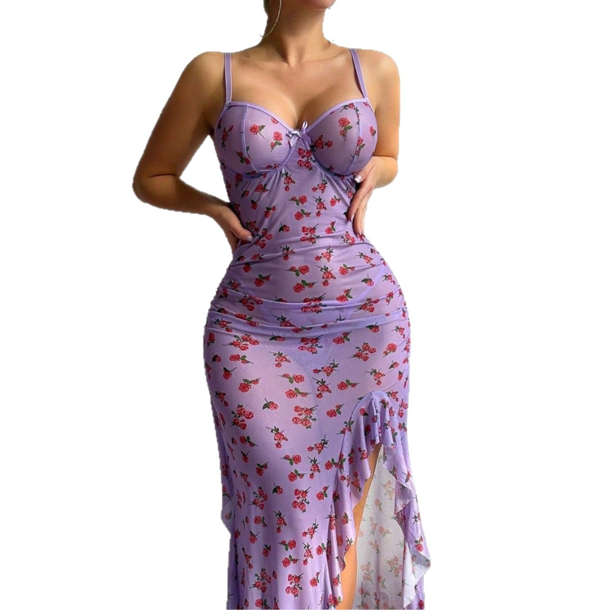 Sexy Mesh Sheer Bodycon Dress - Robe nuisette en maille transparente, lingerie