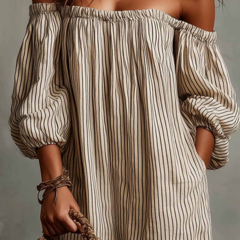 Robe longue maxi rayée à épaul - Off Shoulder Puff Sleeve Sundress avis et prix