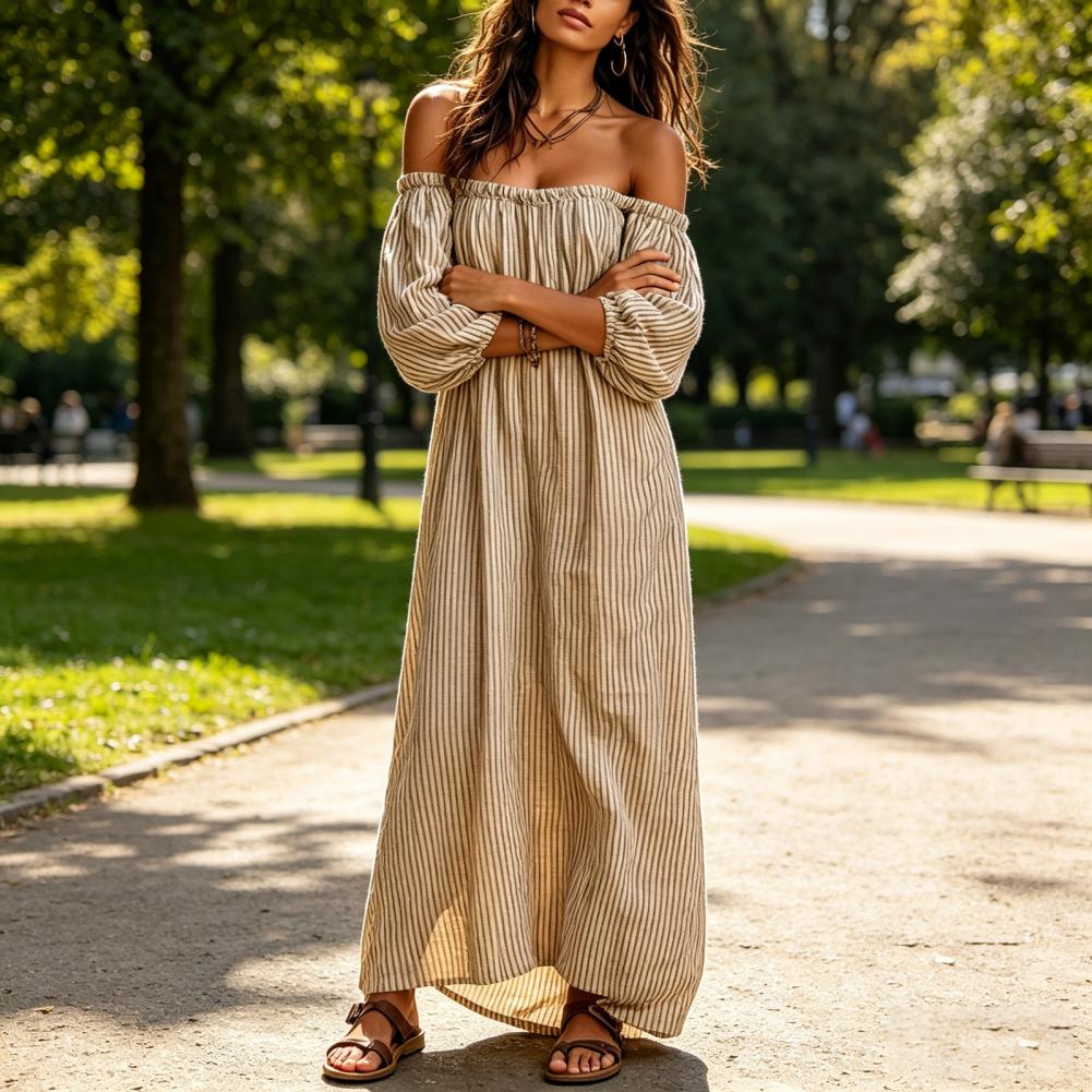 Robe longue maxi rayée à épaul - Off Shoulder Puff Sleeve Sundress avis et prix