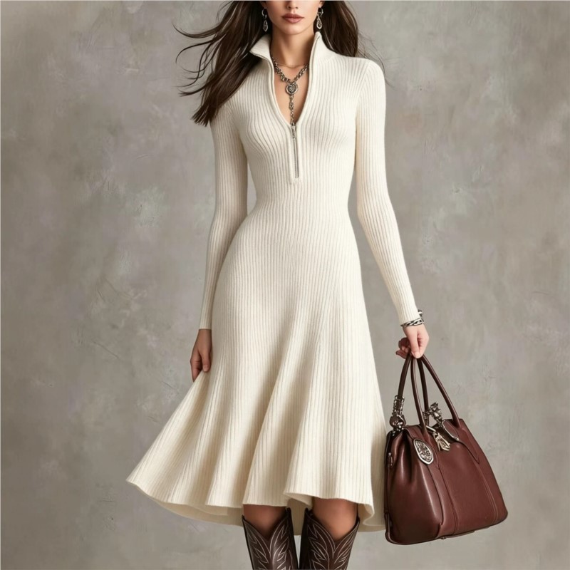 Robe midi en maille côtelée po - Bodycon Long Sleeve Ribbed Dress avis et prix