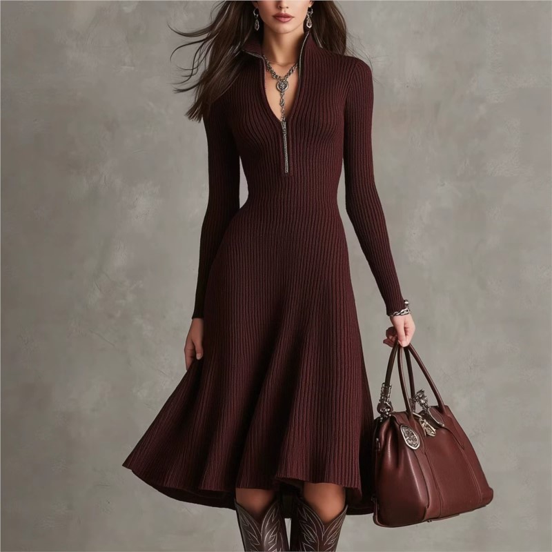 Robe midi en maille côtelée po - Bodycon Long Sleeve Ribbed Dress avis et prix