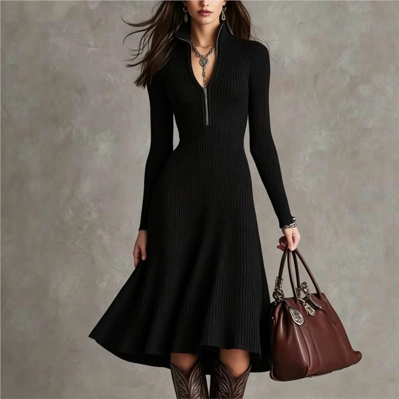 Robe midi en maille côtelée po - Bodycon Long Sleeve Ribbed Dress avis et prix