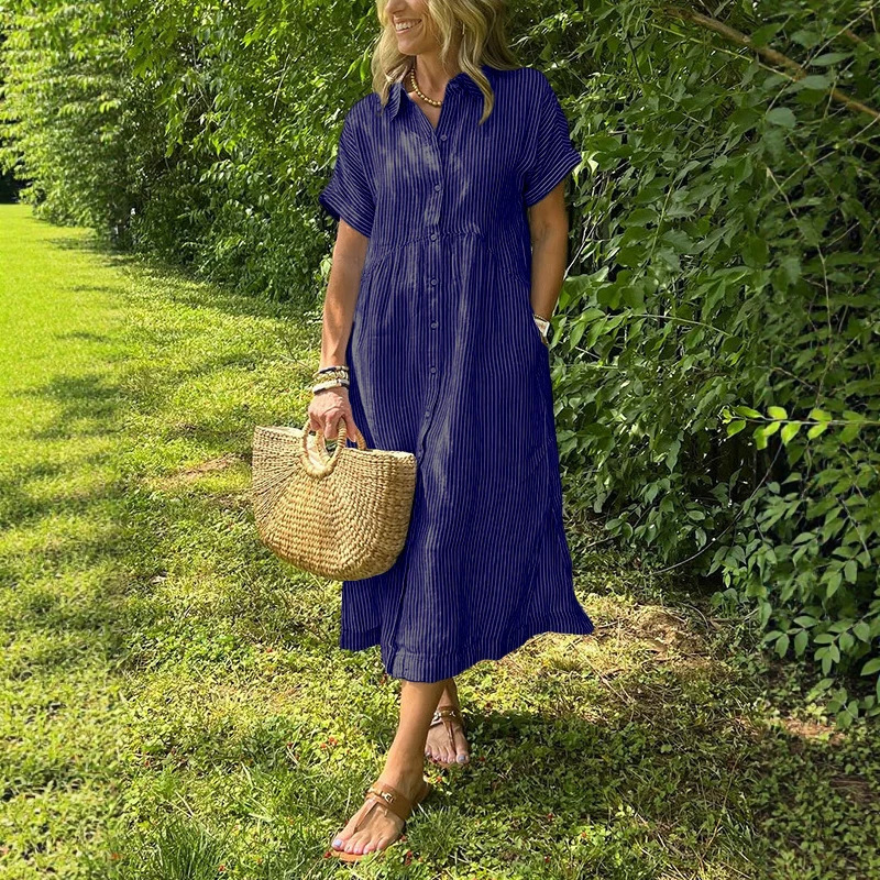 Robe chemise rayée pour femmes - Casual Loose Linen Shirt Dress avis et prix